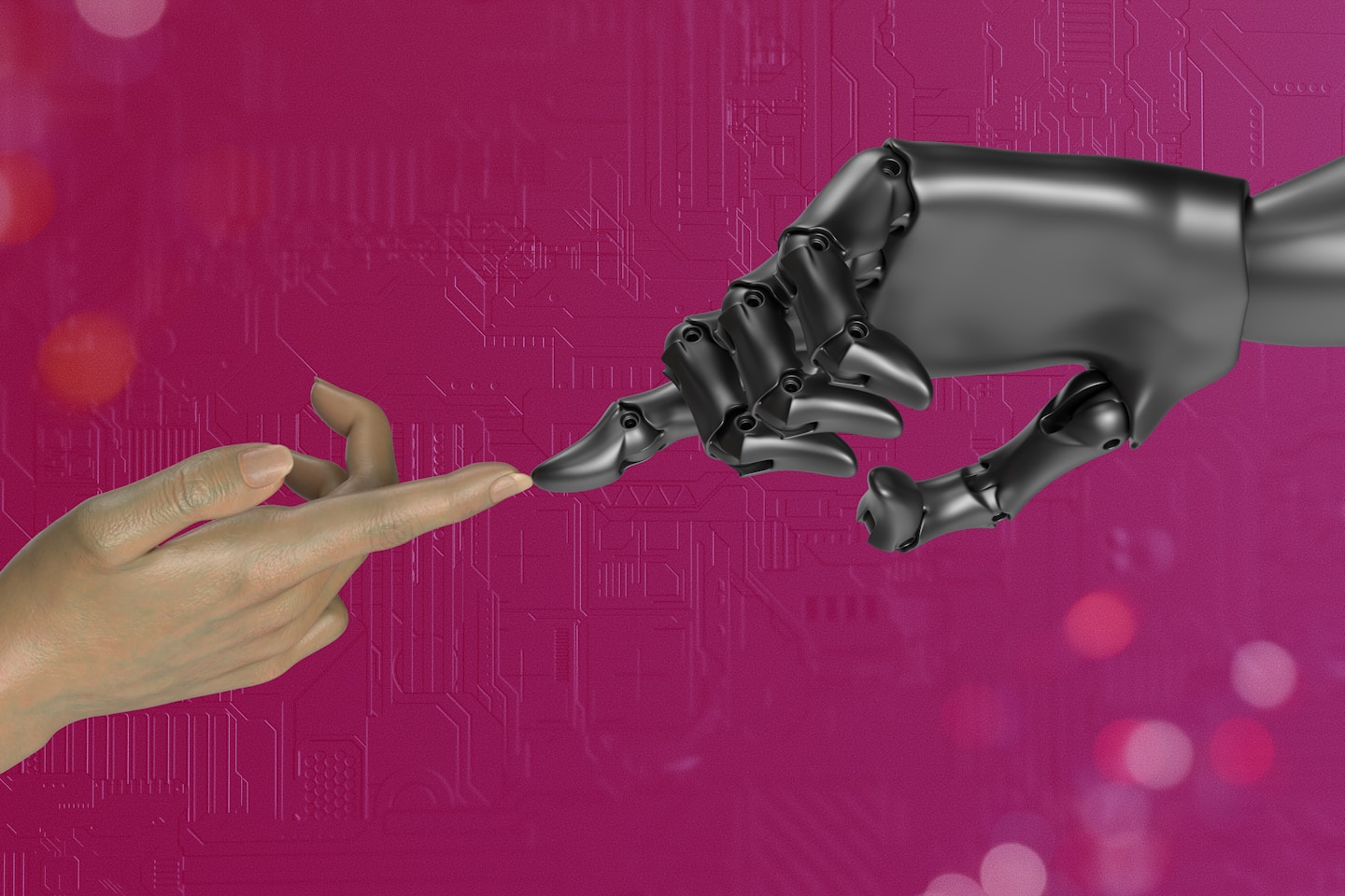 two hands touching each other in front of a pink background