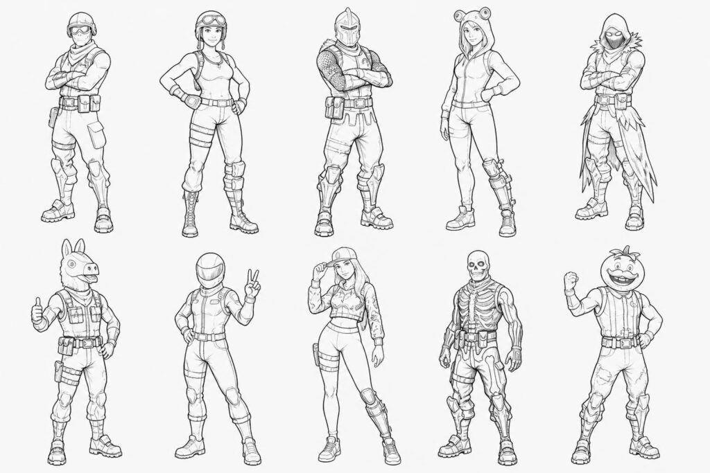 découvrez des modèles de dessin fortnite faciles à imprimer avec les skins populaires à colorier, parfaits pour tous les fans du jeu souhaitant exprimer leur créativité.