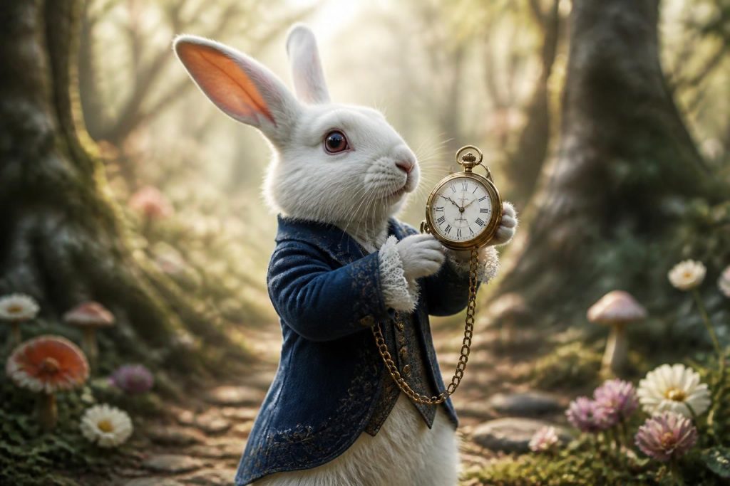 découvrez le lapin blanc d'alice au pays des merveilles, symbole d'urgence et mystère, accompagné de sa montre iconique qui guide l'aventure fantastique.
