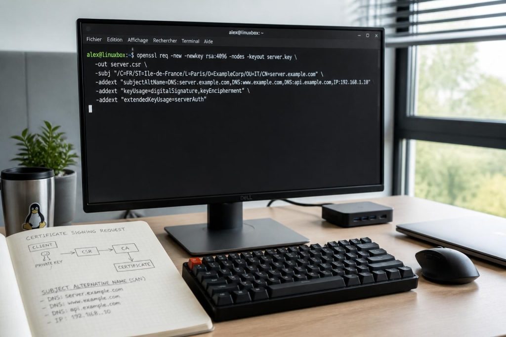 apprenez à générer des csr avec openssl sous linux, incluant les commandes et options essentielles pour créer des certificats avec san (subject alternative name).